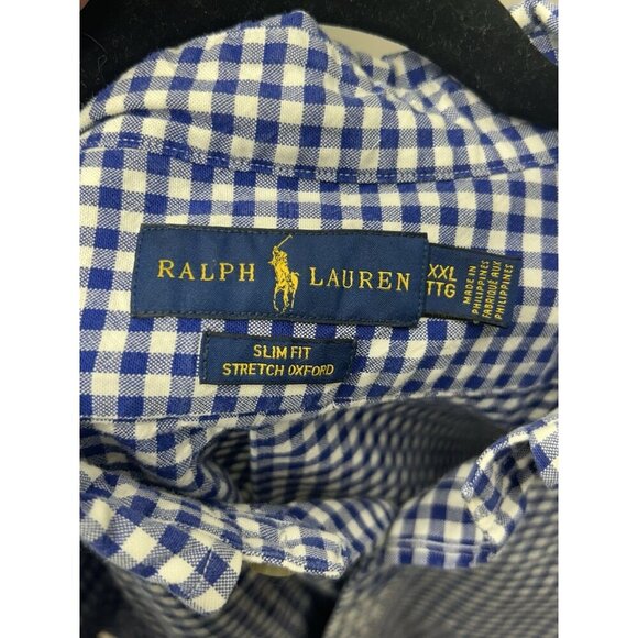 Ralph Lauren Slim Fit Stretch Oxford Button Up Shirt Mens XXL Blue Gingham Check - Picture 4 of 5